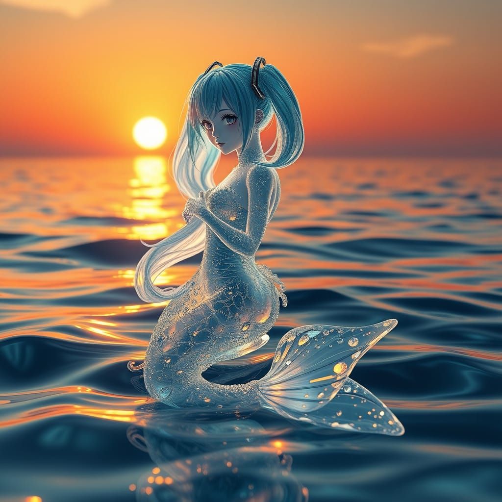 Hatsune Miku as a Mermaid Sculpted from Water in Sunset Glow