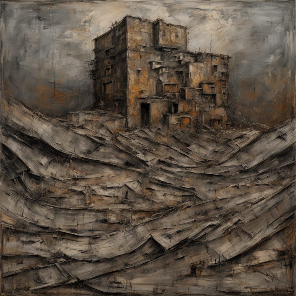 Monumental Artwork of Crumbling Architecture in Earthy Tones