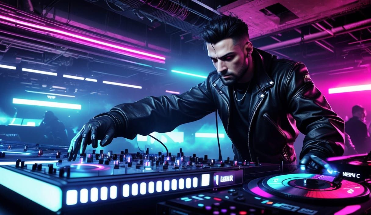 Cyberpunk DJ Spinning Records in Dark Techno Club