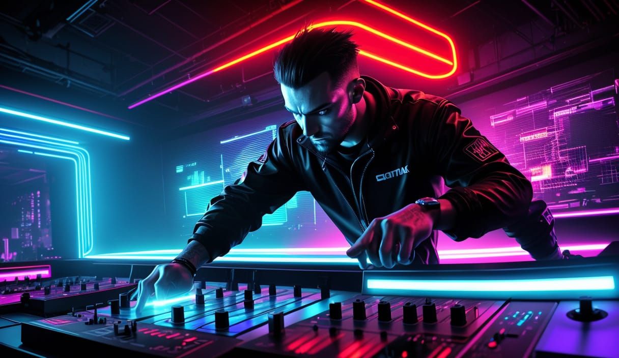 Cyberpunk DJ in Neon-Lit Nightclub, Digital Art