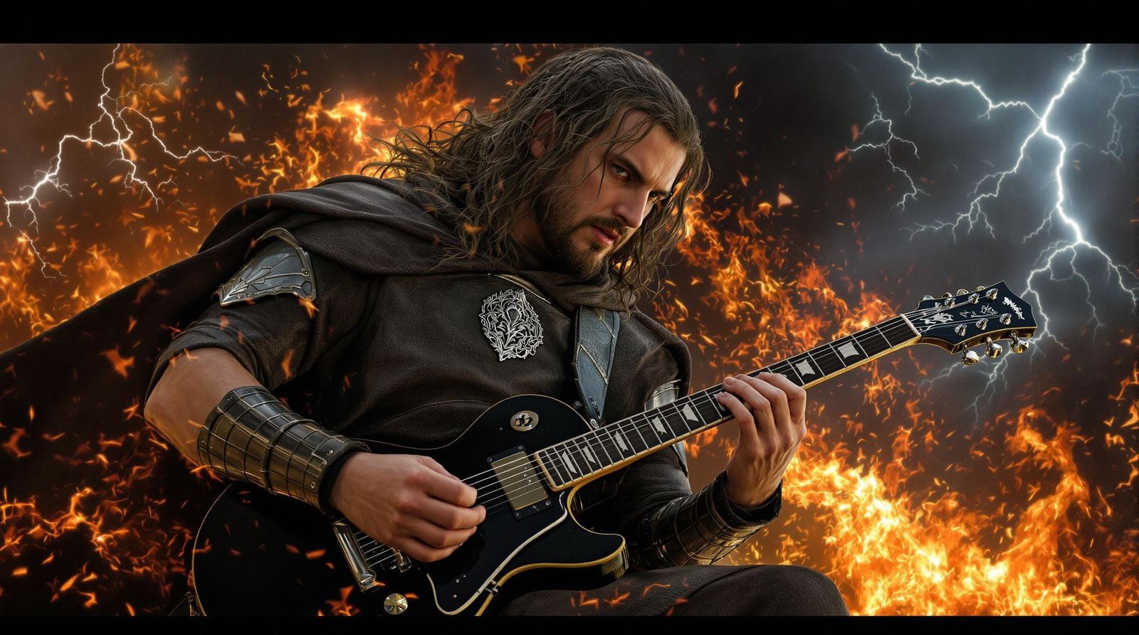 Aragorn Plays Electric Guitar in Fiery Storm