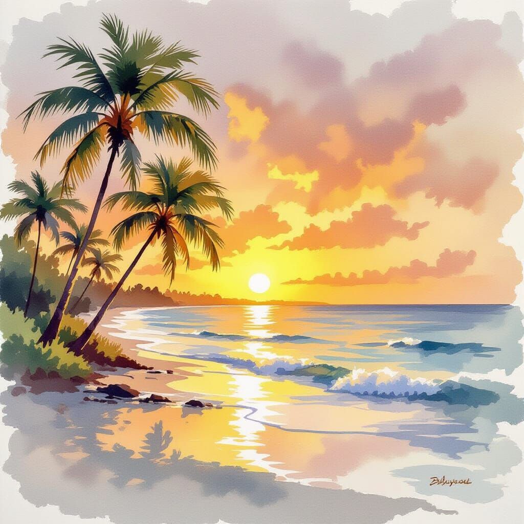 Florida Sunrise Watercolor Painting with Golden Light