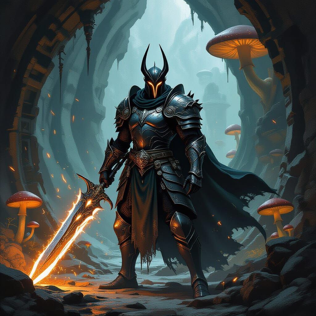 Dunmer Knight Guarding Dwemer Ruin with Glowing Blade
