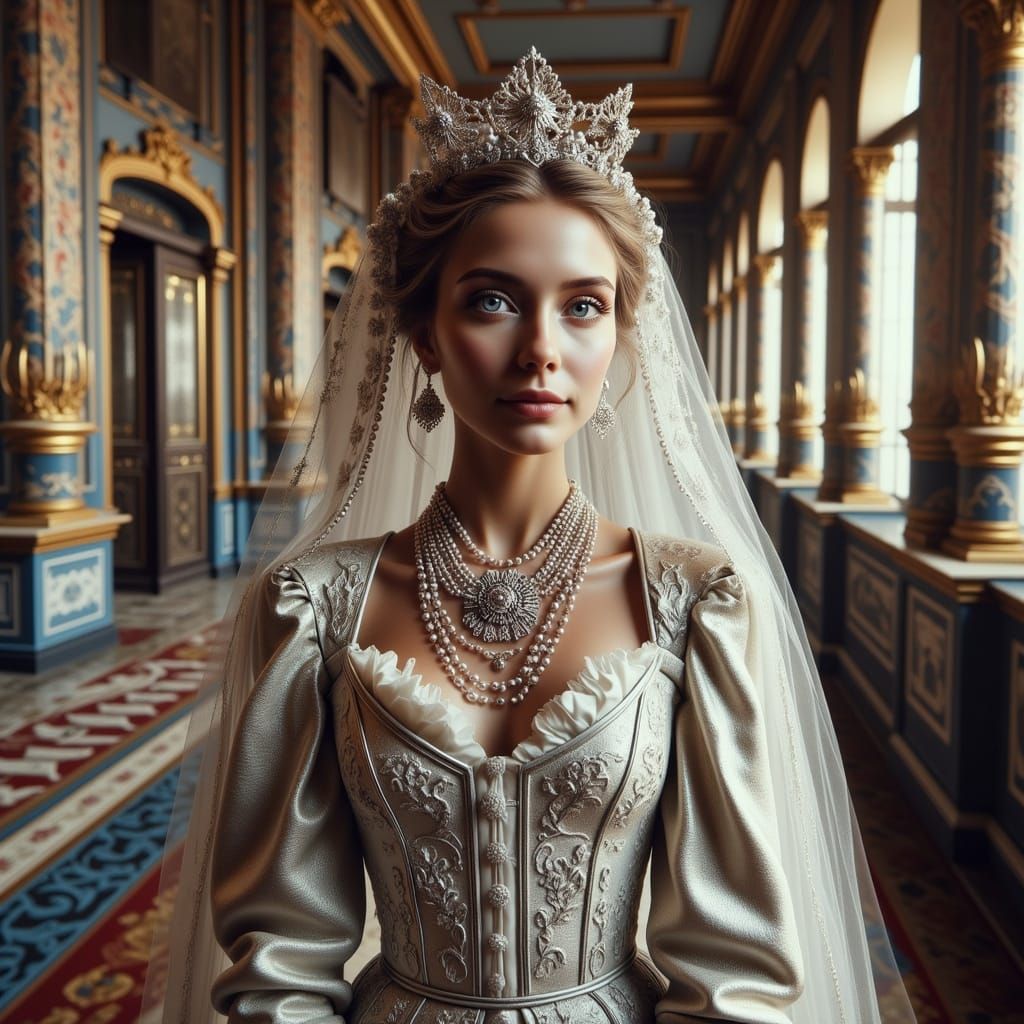 17th Century Russian Aristocrat in Opulent White Brocade Gow...