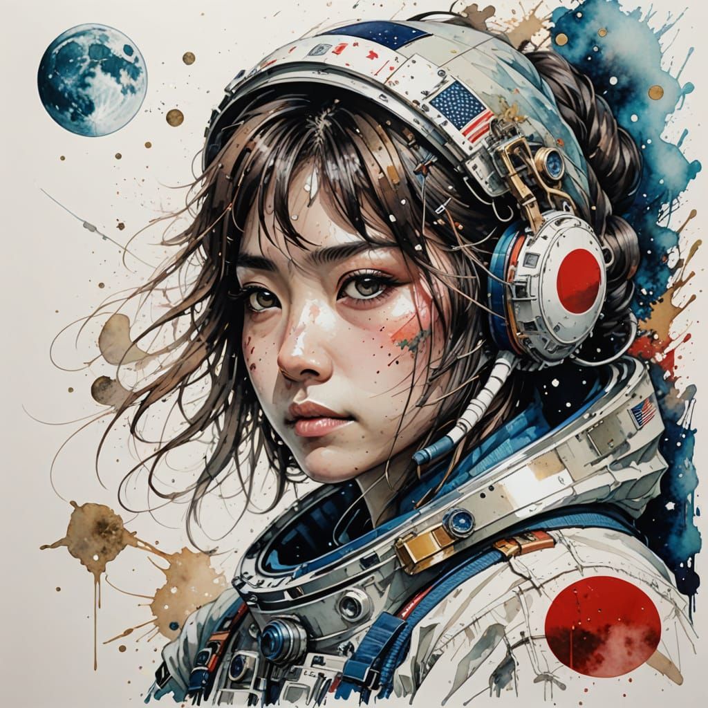 Surreal Lunar Expedition in Vibrant Watercolour Style