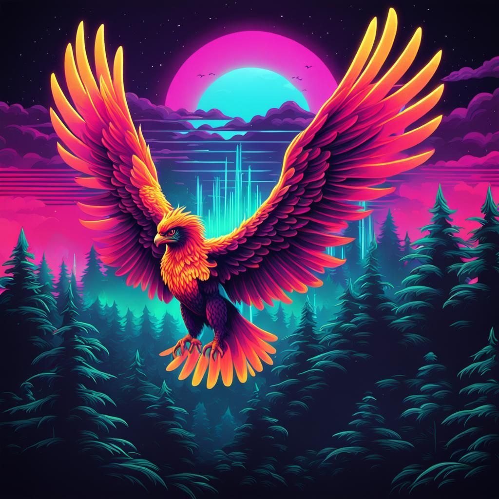 Phoenix Soaring Over Forest in Synthwave Style