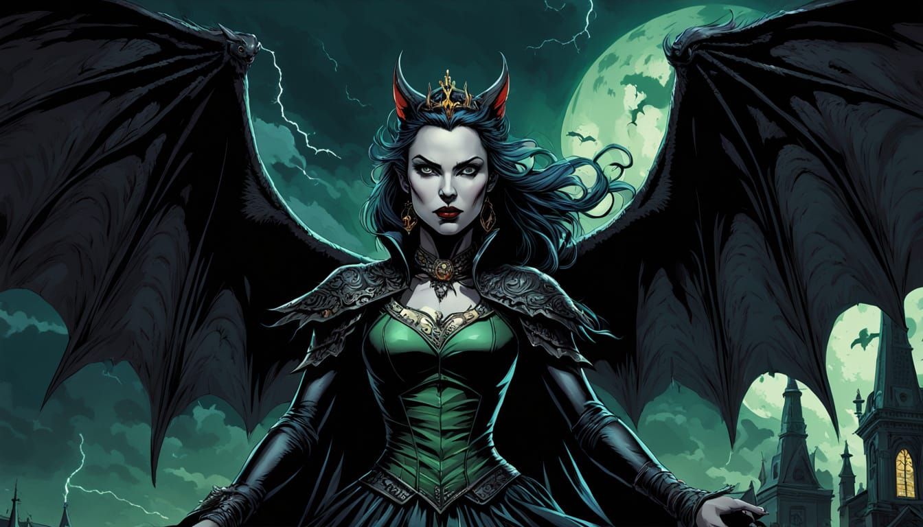 Gothic Vampire Queen on Gargoyle in Comic Style