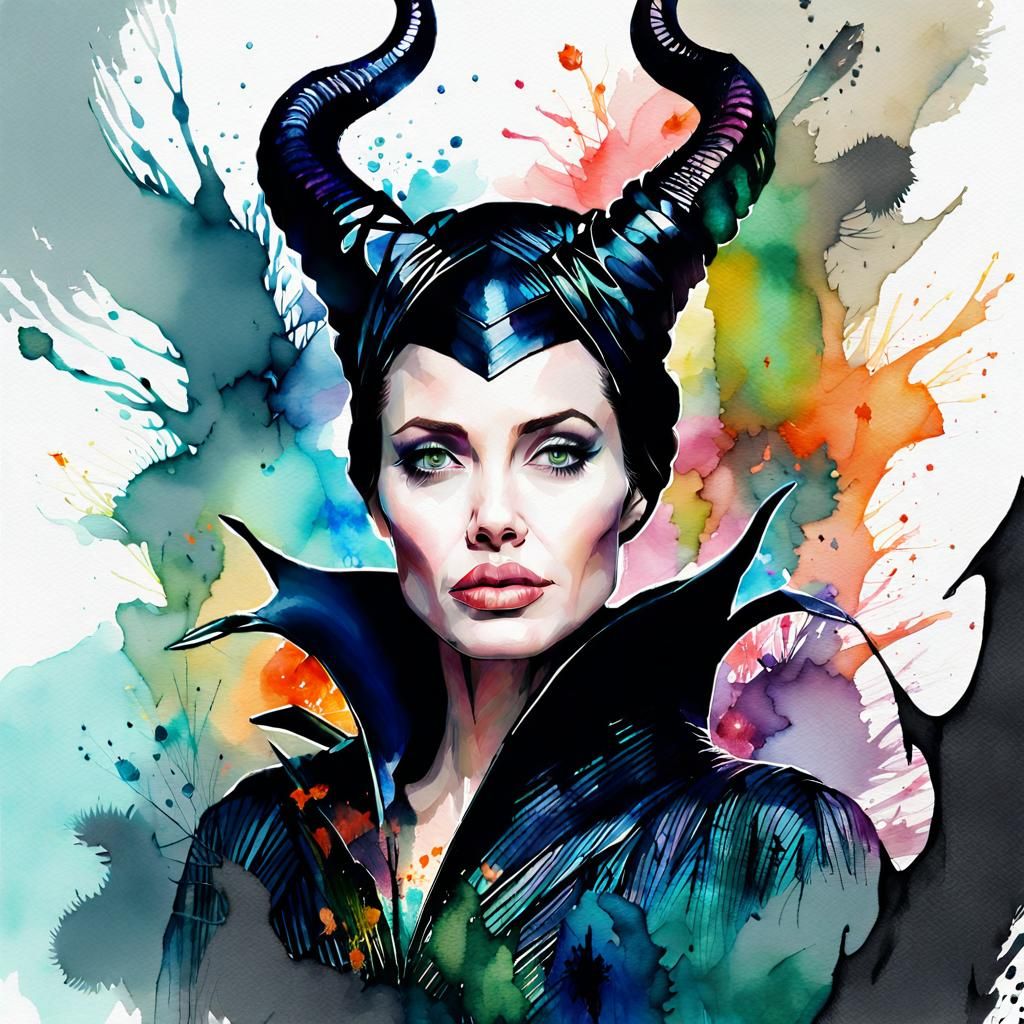 Angelina Jolie as Maleficent in Watercolor Illustration