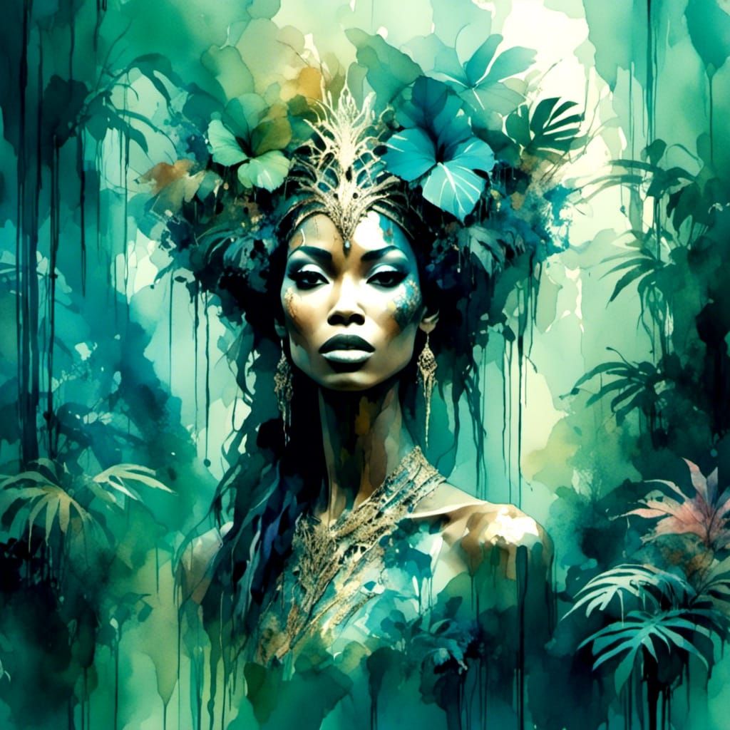 Opalescent Jungle Landscape with Exotic Woman, Impressionist