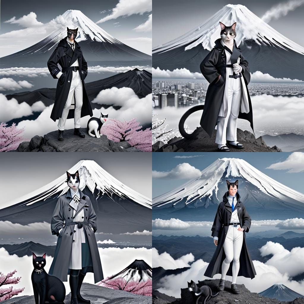 Hyperreal Cat in Trench Coat, Mount Fuji Backdrop
