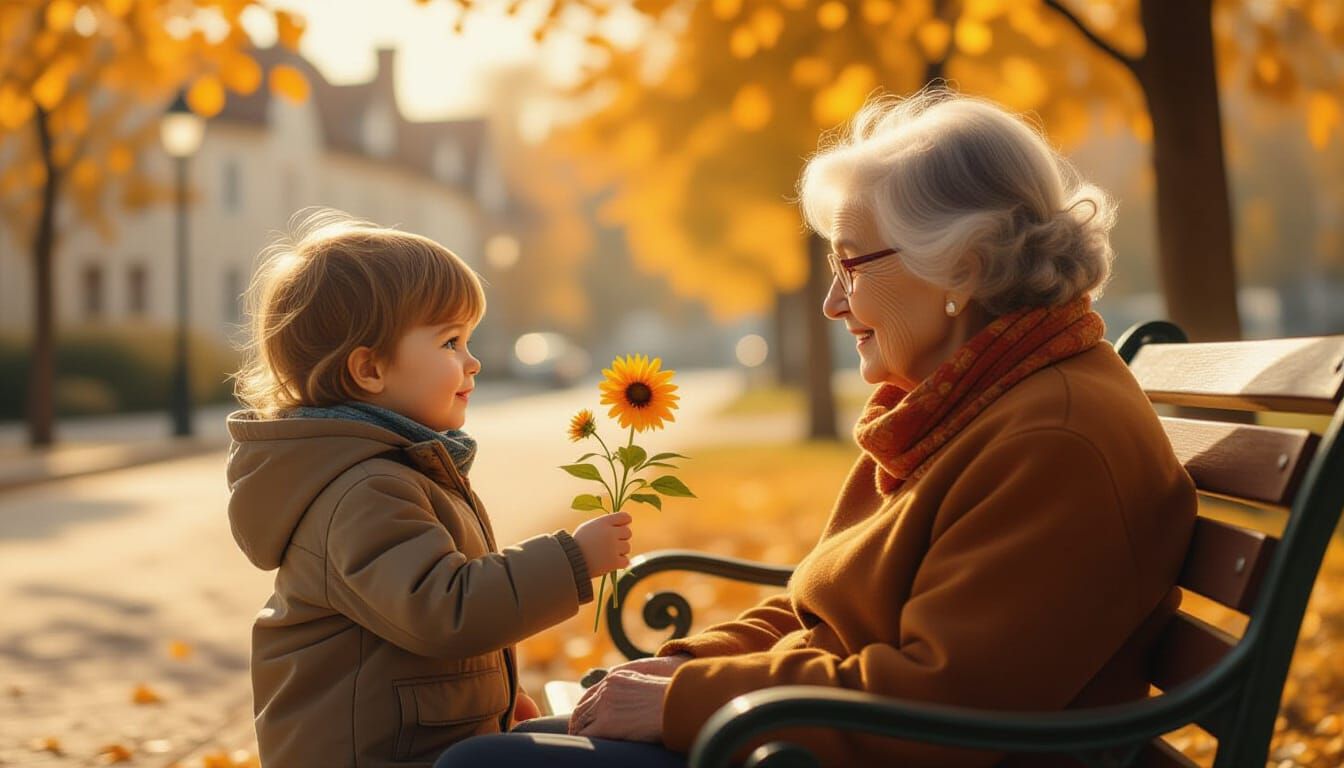 Child Offers Flower to Elder in Autumn Park