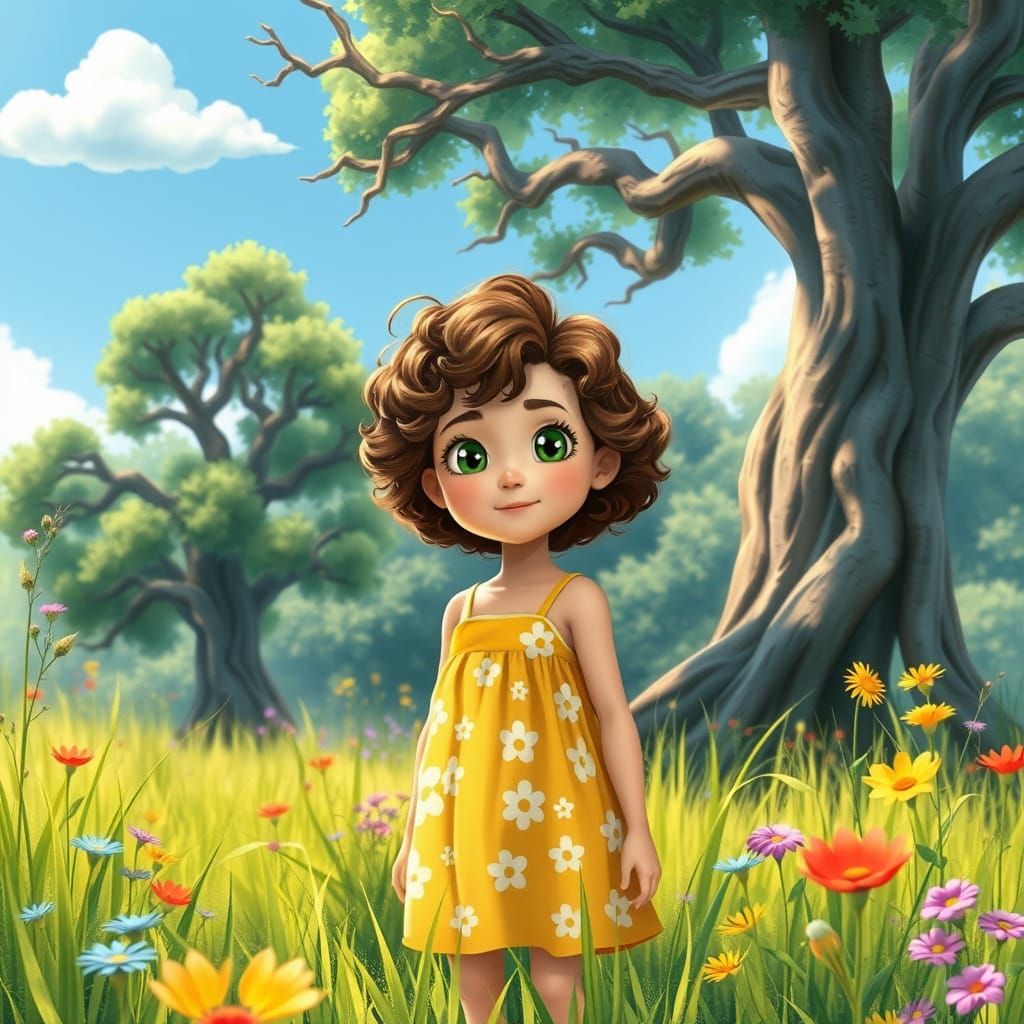 Whimsical Girl in a Vibrant Meadow Scene