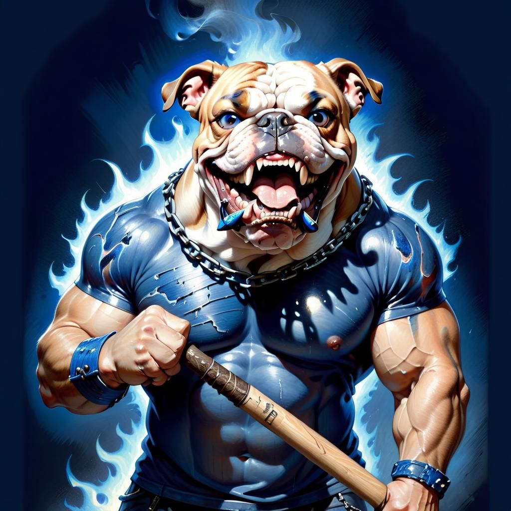 Fantasy Bulldog Warrior with Cobalt Flames