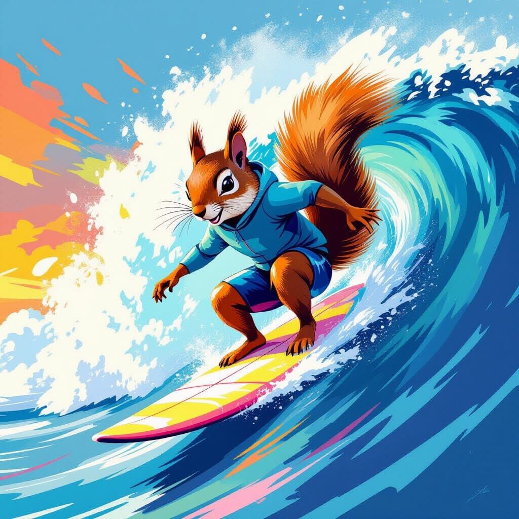 Squirrel Surfing a Big Wave: Stylized Digital Art
