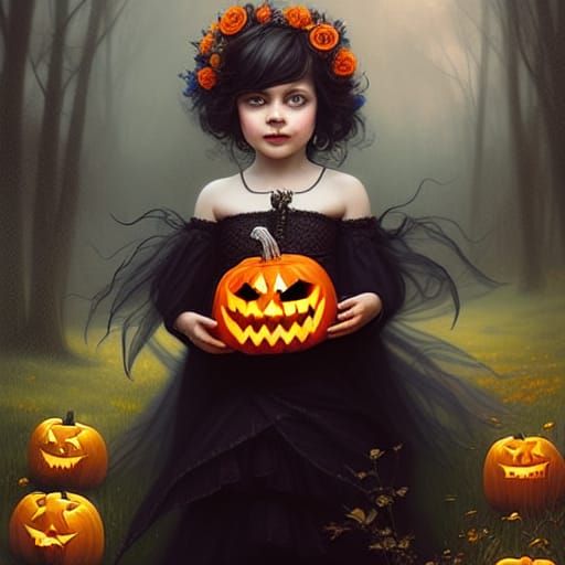 Girl with Jack-o'-Lantern in Hyper-Detailed Digital Art