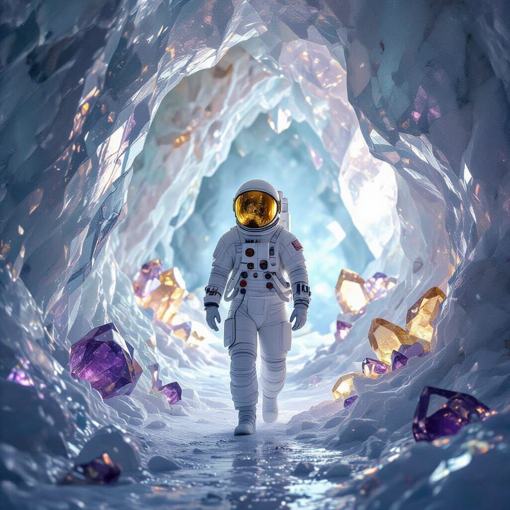 Astronaut Explores Luminous Crystal Cave in Digital Matte St...