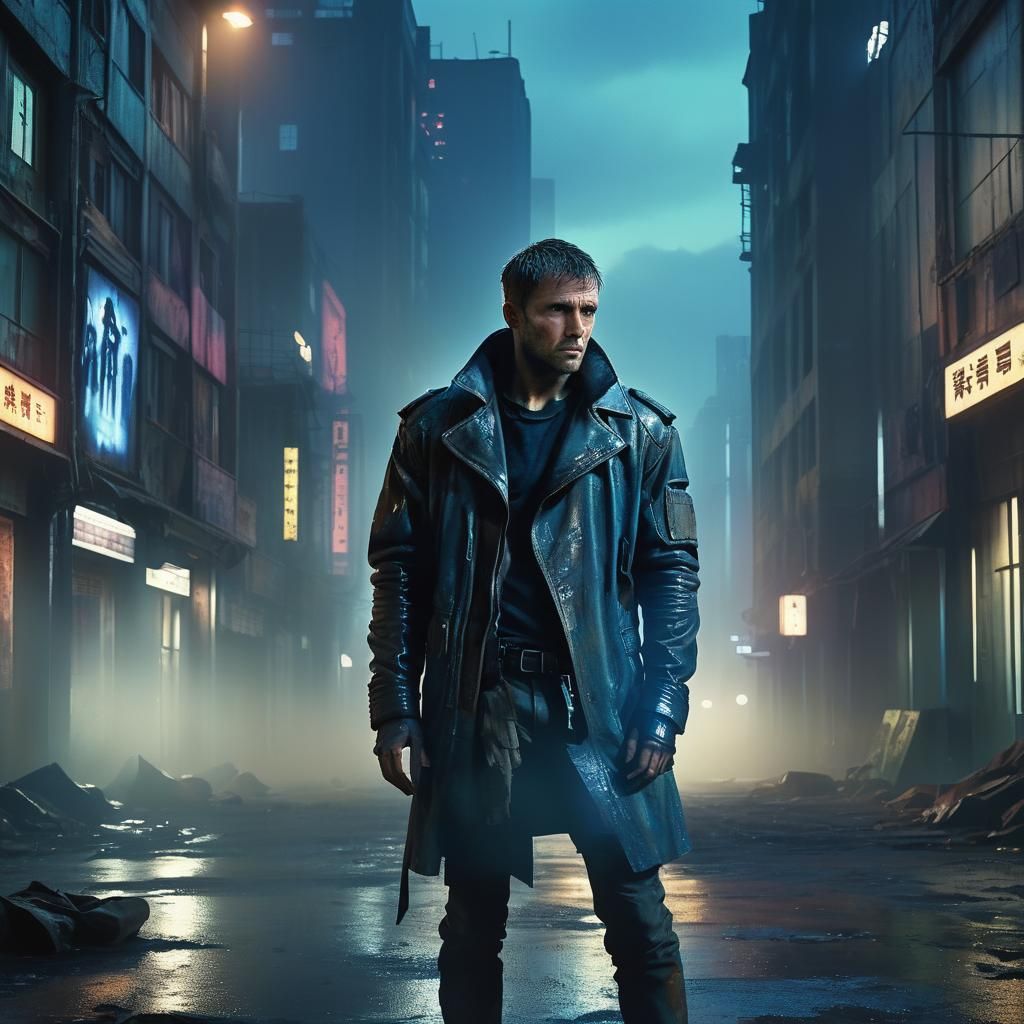 Man in Abandoned Cityscape in Cyberpunk Style