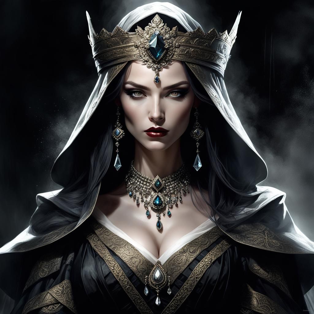 Mighty Medieval Sorceress Portrait in Antique Style