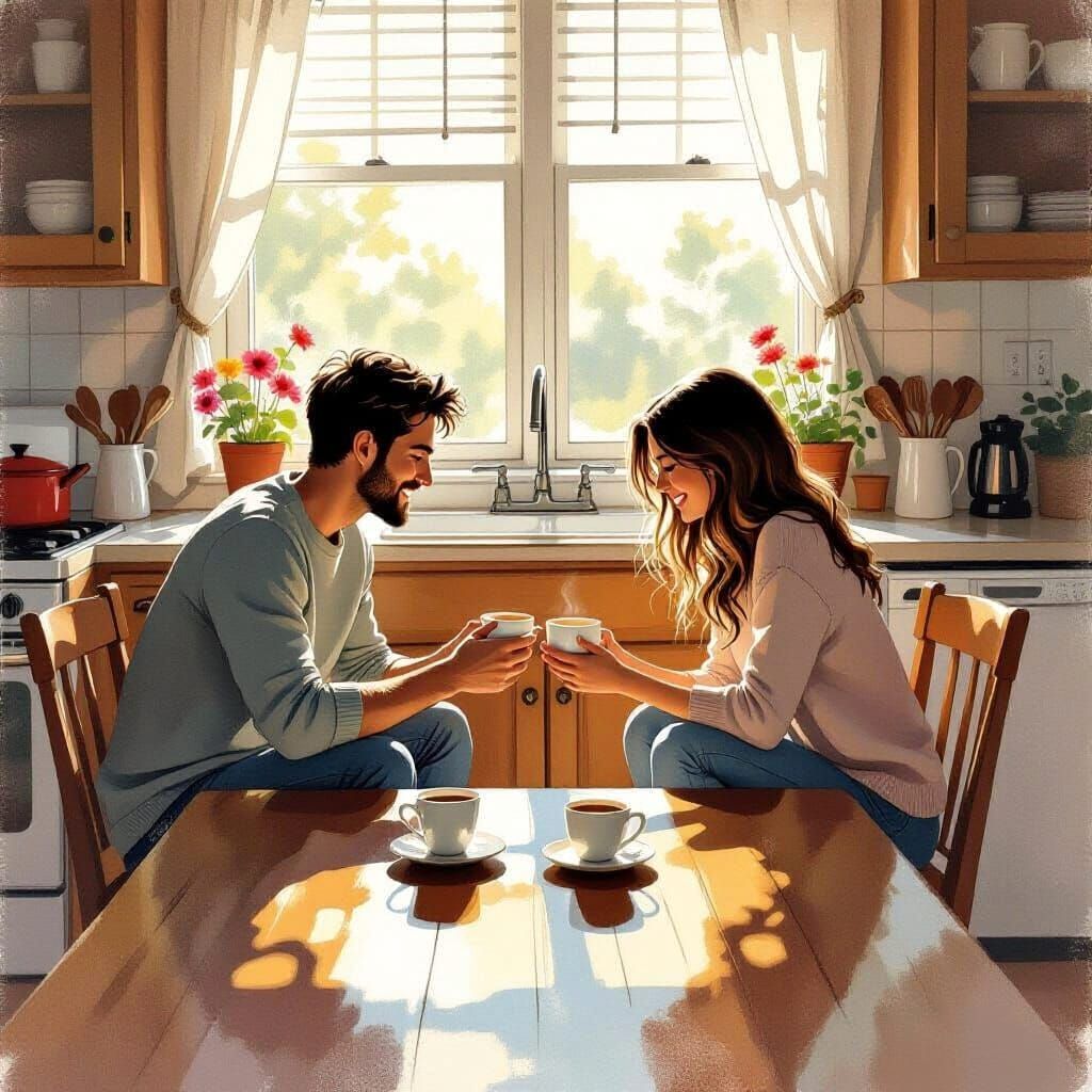 Couple's Morning Coffee Ritual in Gouache Painting Style