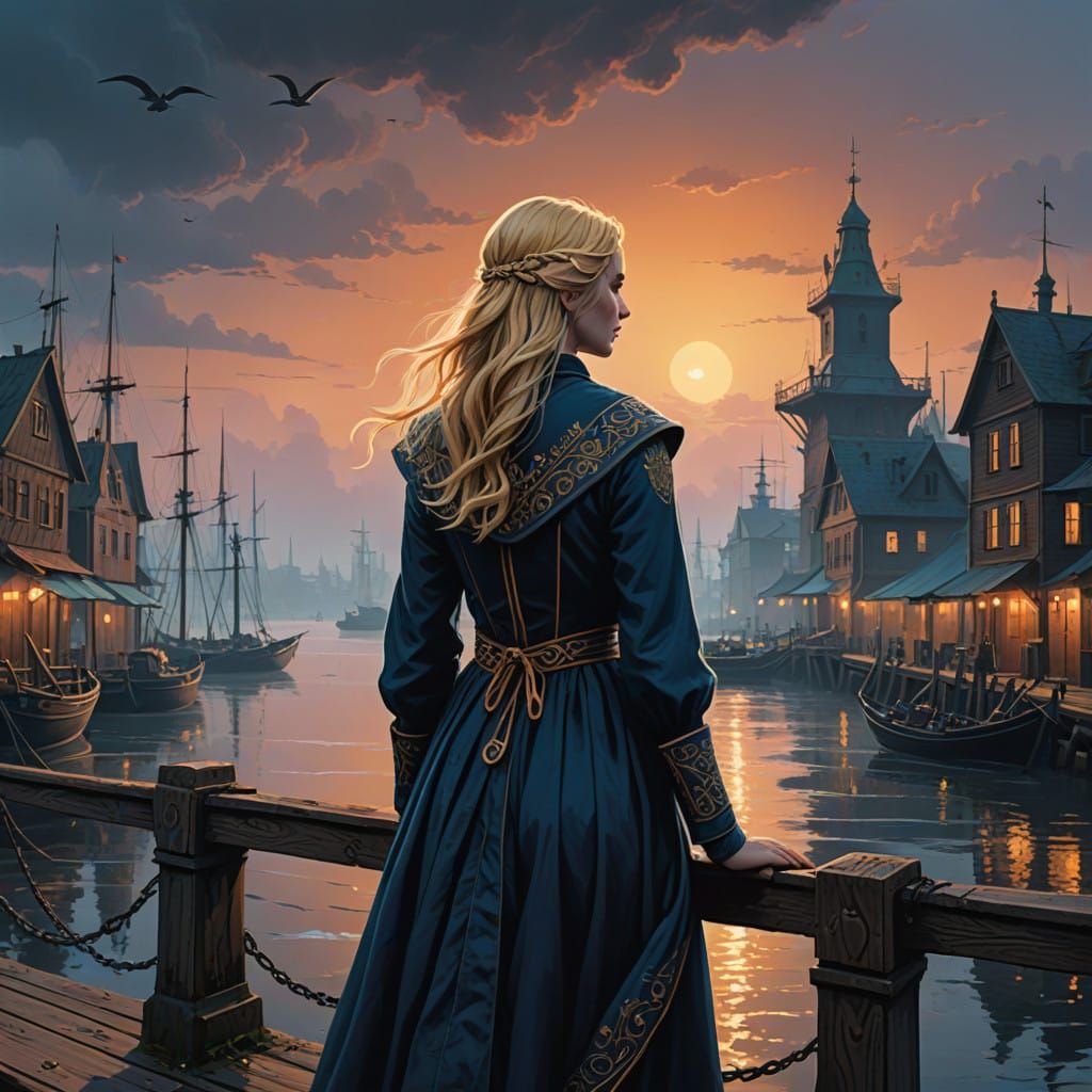 Royal Woman on Medieval Harbour Pier