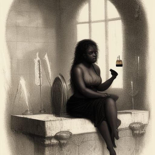 Horrified Girl by Pool: Dark Engraving Style