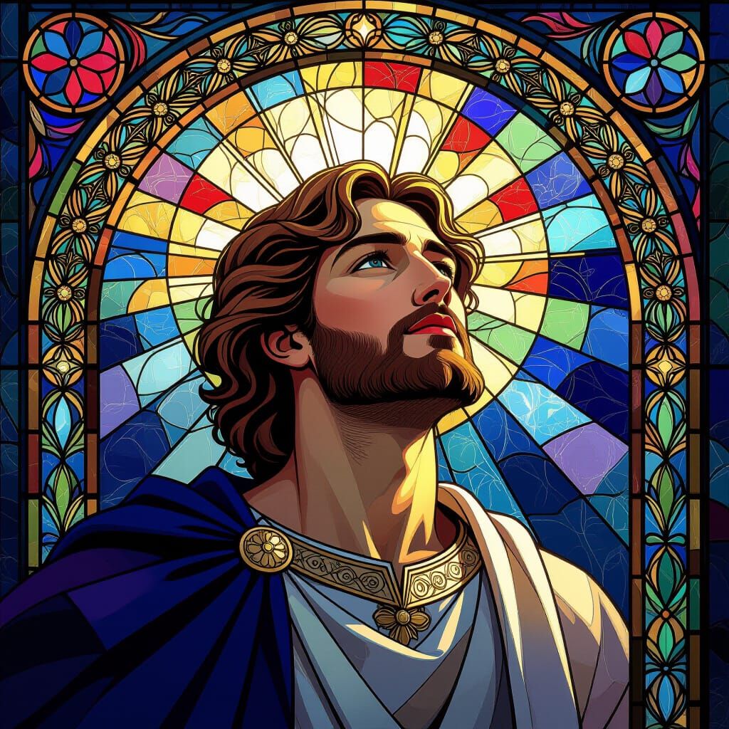 Mosaic window, stained glass, heavenly prince descending fro...