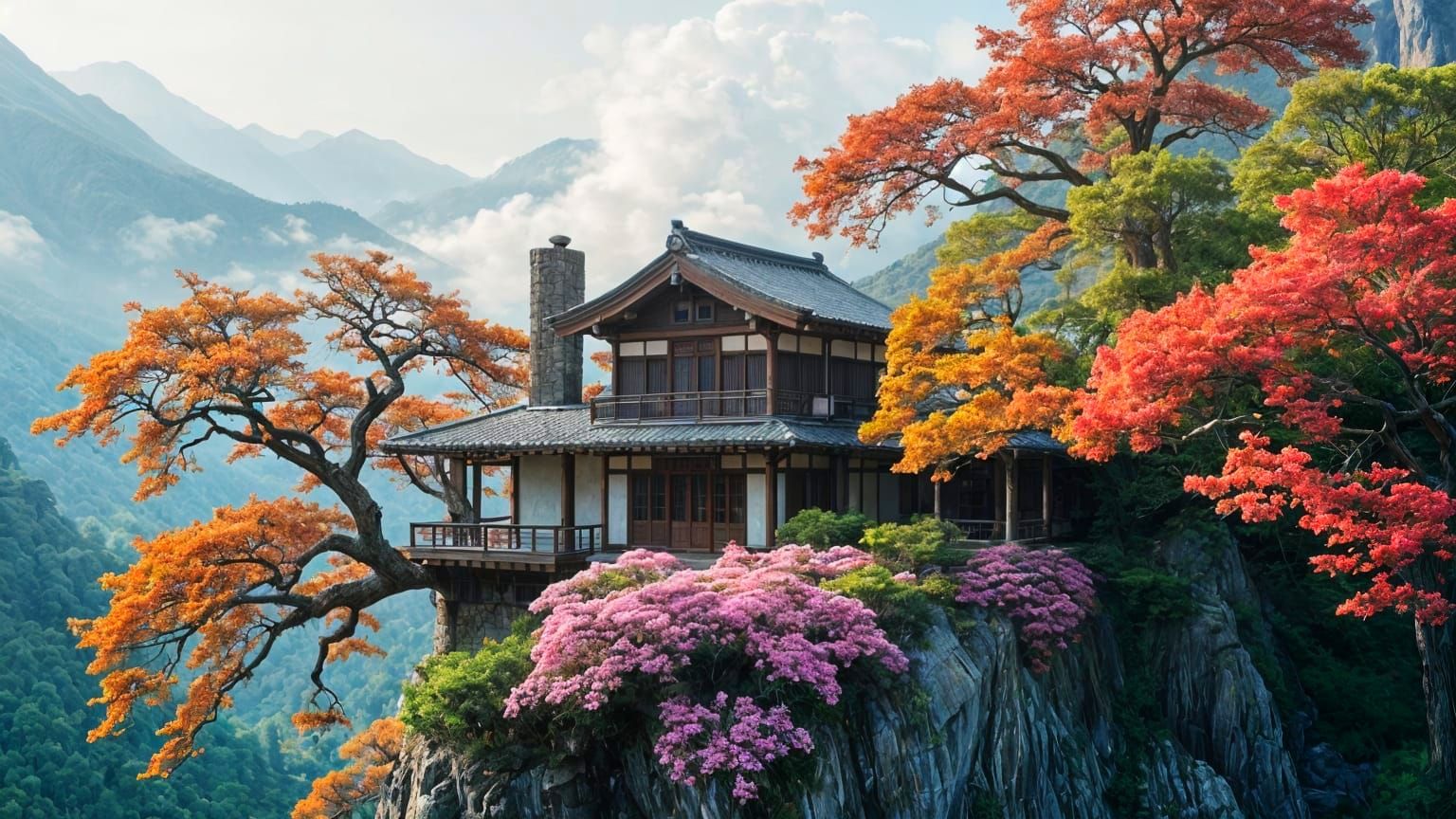 Serene Japanese House on Cliffside: Old Masters Style