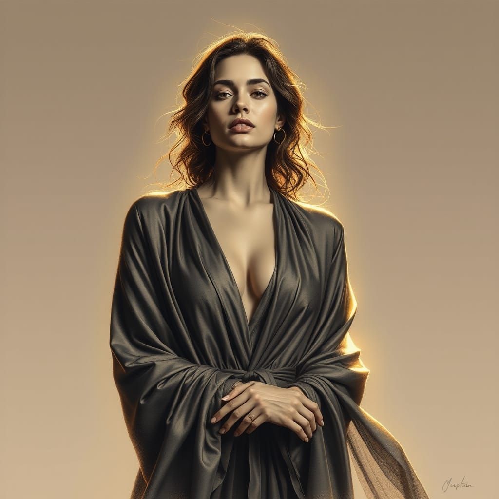 Serene Woman in Golden Light: Hyperdetailed Charcoal Art