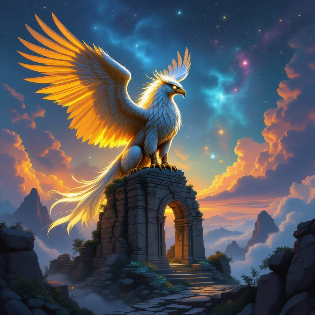 Majestic Griffin Perched on Ancient Ruins with Nebula Sky