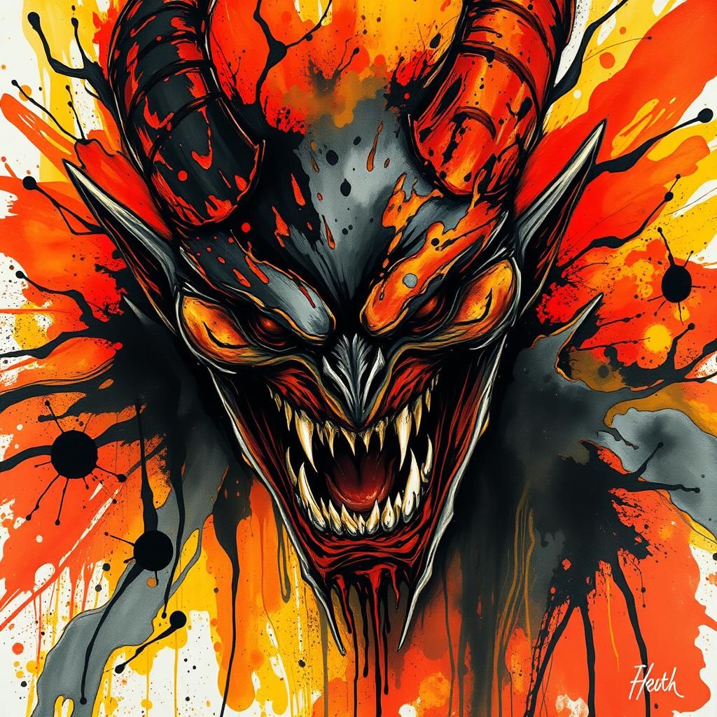 Terrifying Shadow Demon in Liquid Ink Splatter Style