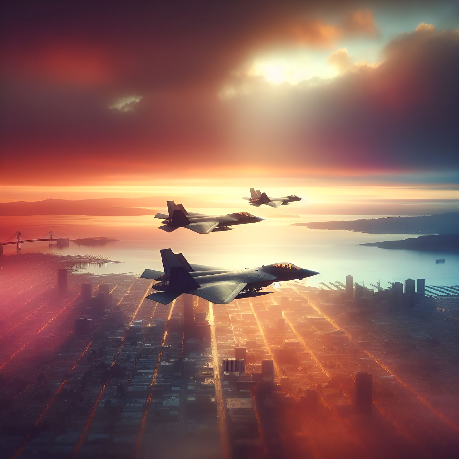 Stealth Bombers at Sunset: Hyperrealistic Concept Art