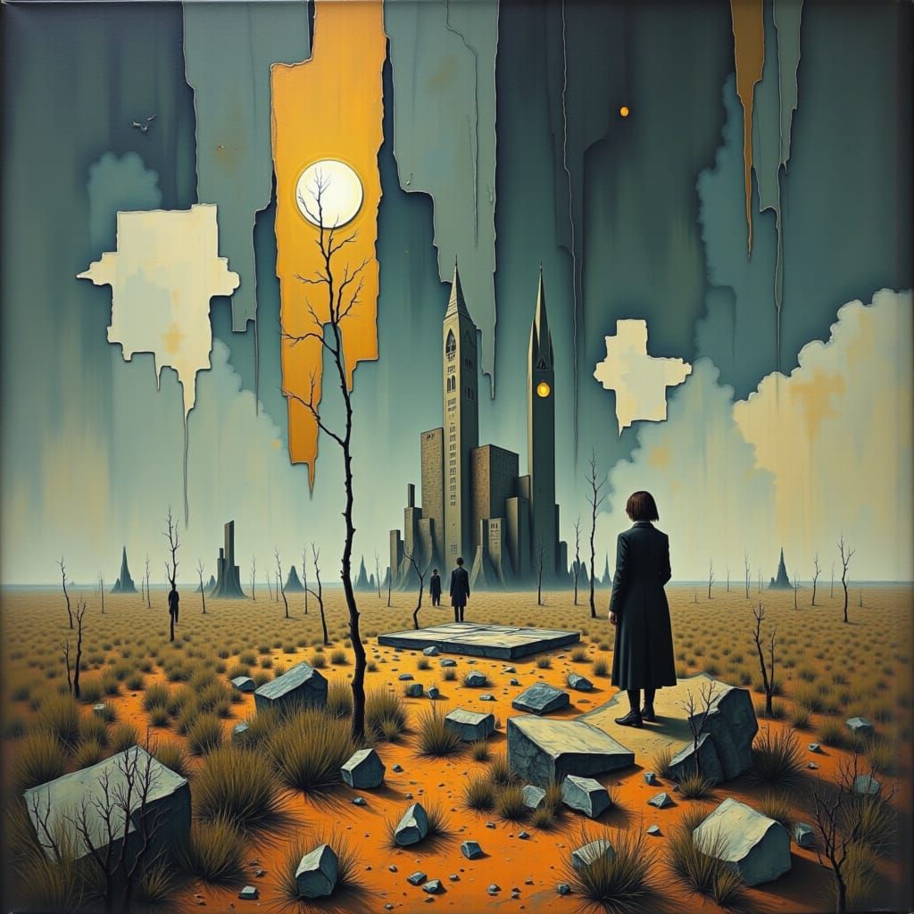 Surreal Figures in Dreamlike Landscape