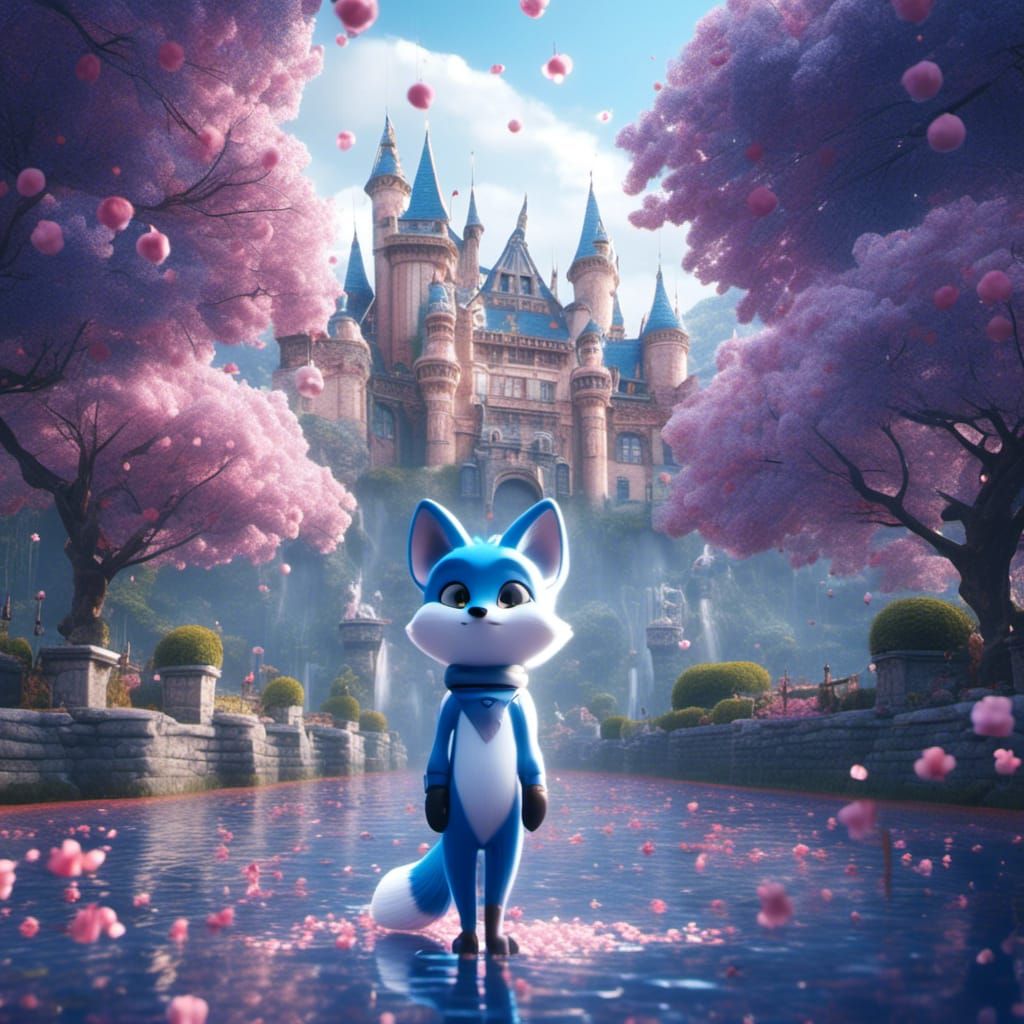 Shiny Blue Fox at Castle with Cherry Trees