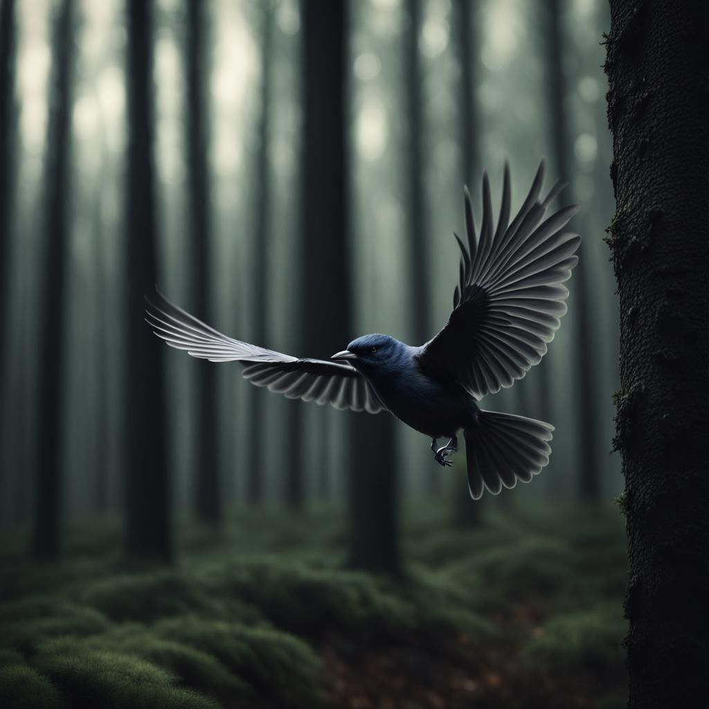 Small Bird Flies Through Dark Forest