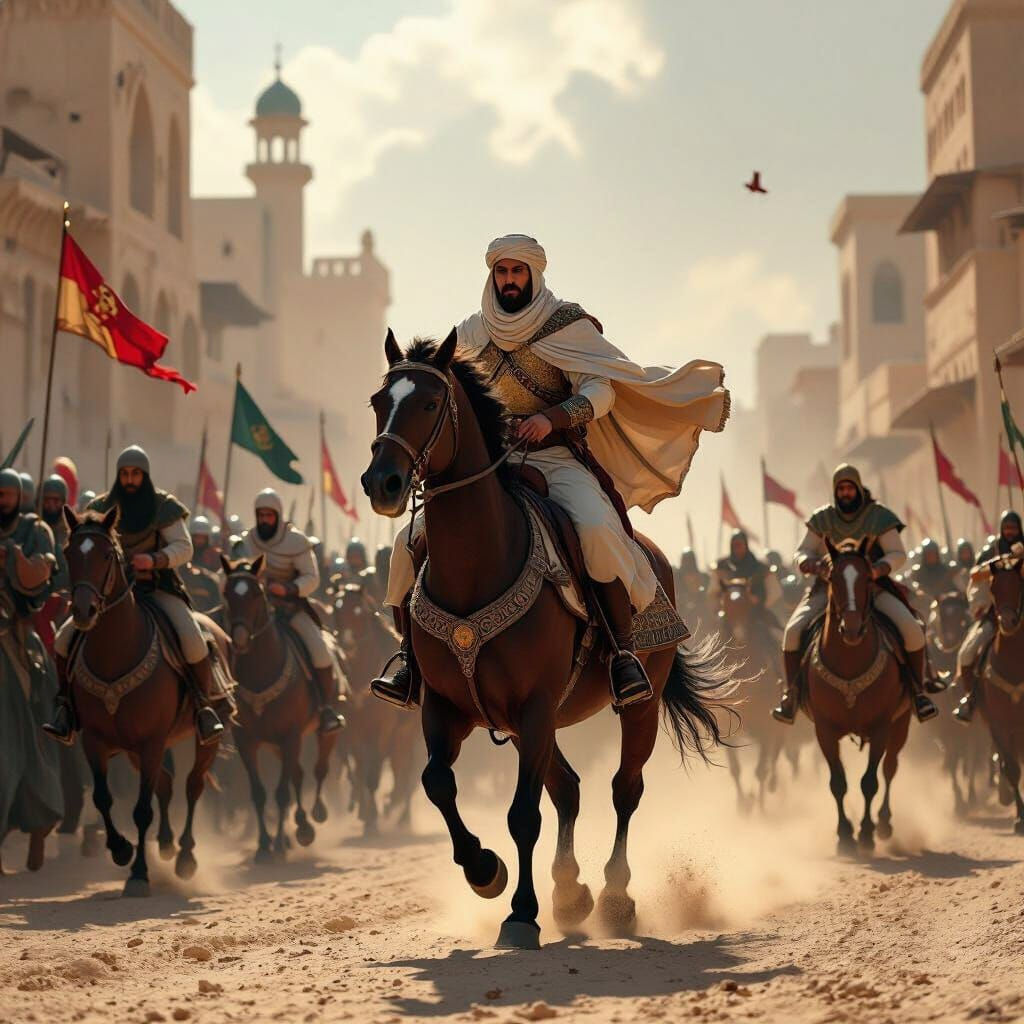 Young Muslim Ruler Leads Army Charge on Horseback