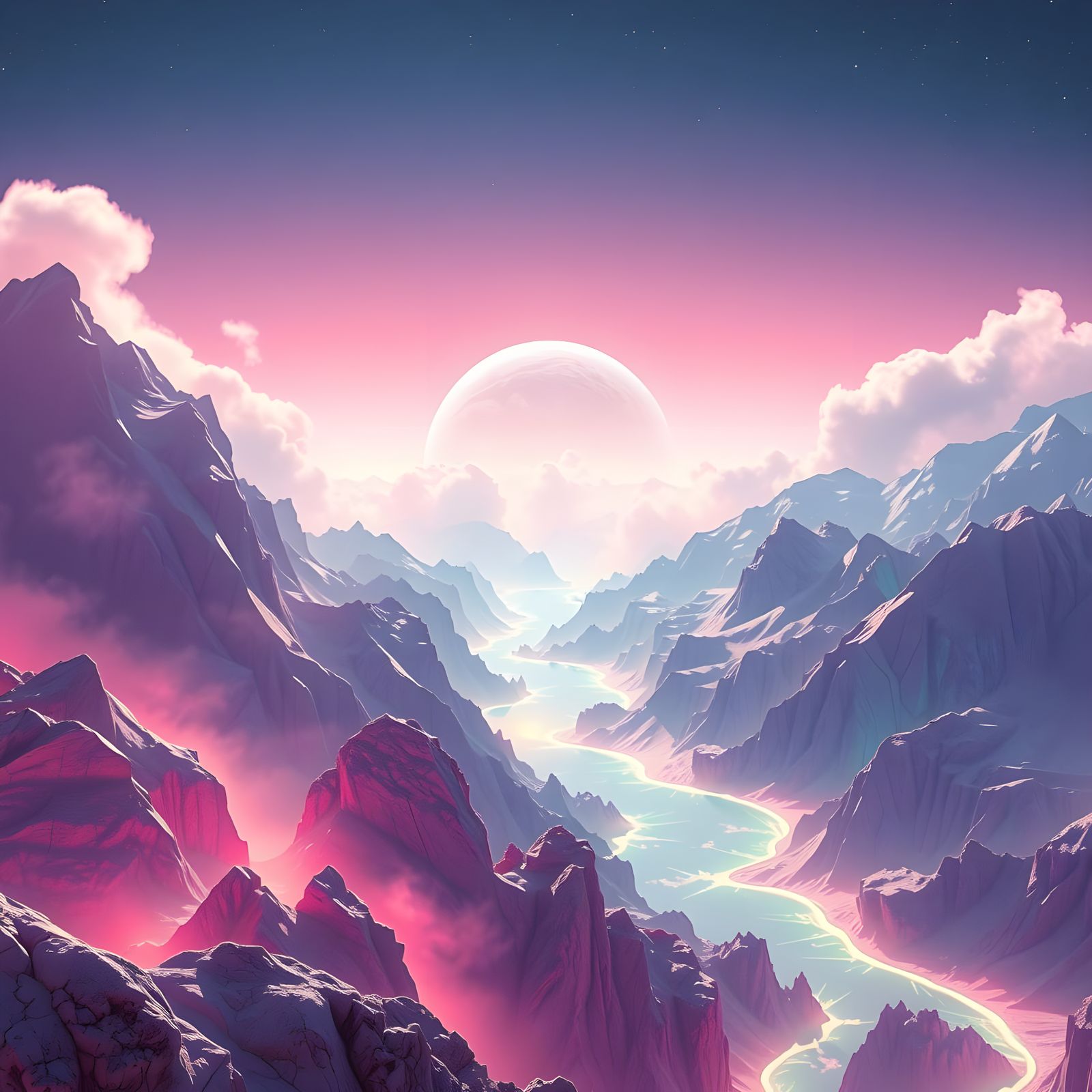 Surreal Crystalline Landscapes in a Cosmic Dance of Colors
