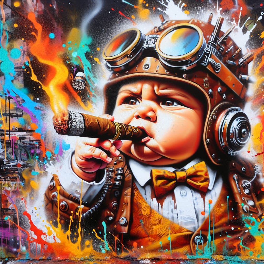 Steampunk Baby Smoking Cigar in Graffiti Street Art