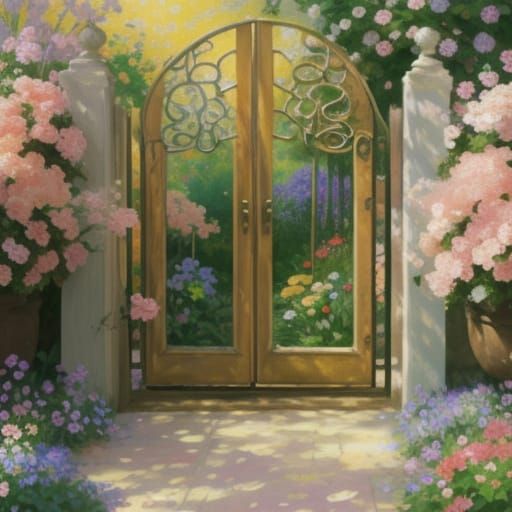 Small Door Surrounded by Flowers in Impressionist Style