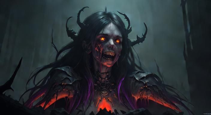 Terrifying Red-Skinned Female Figure in Digital Art