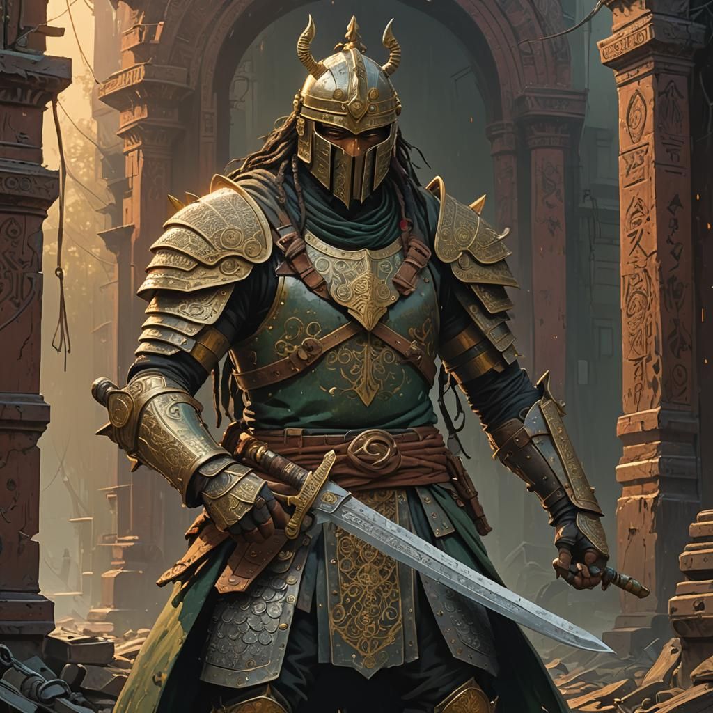 Armored Legend with Indian Sword in Dark Fantasy Style