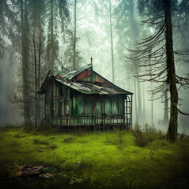Eerie Asylum in Misty Forest: Mixed Media Horror