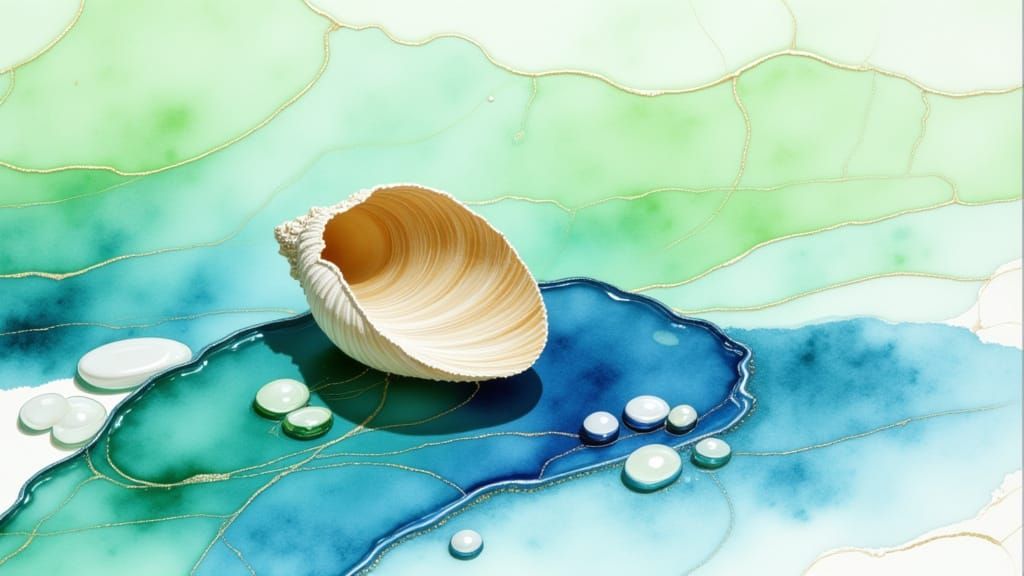 Sea Shell on Polished Glass with Watercolor Footprints