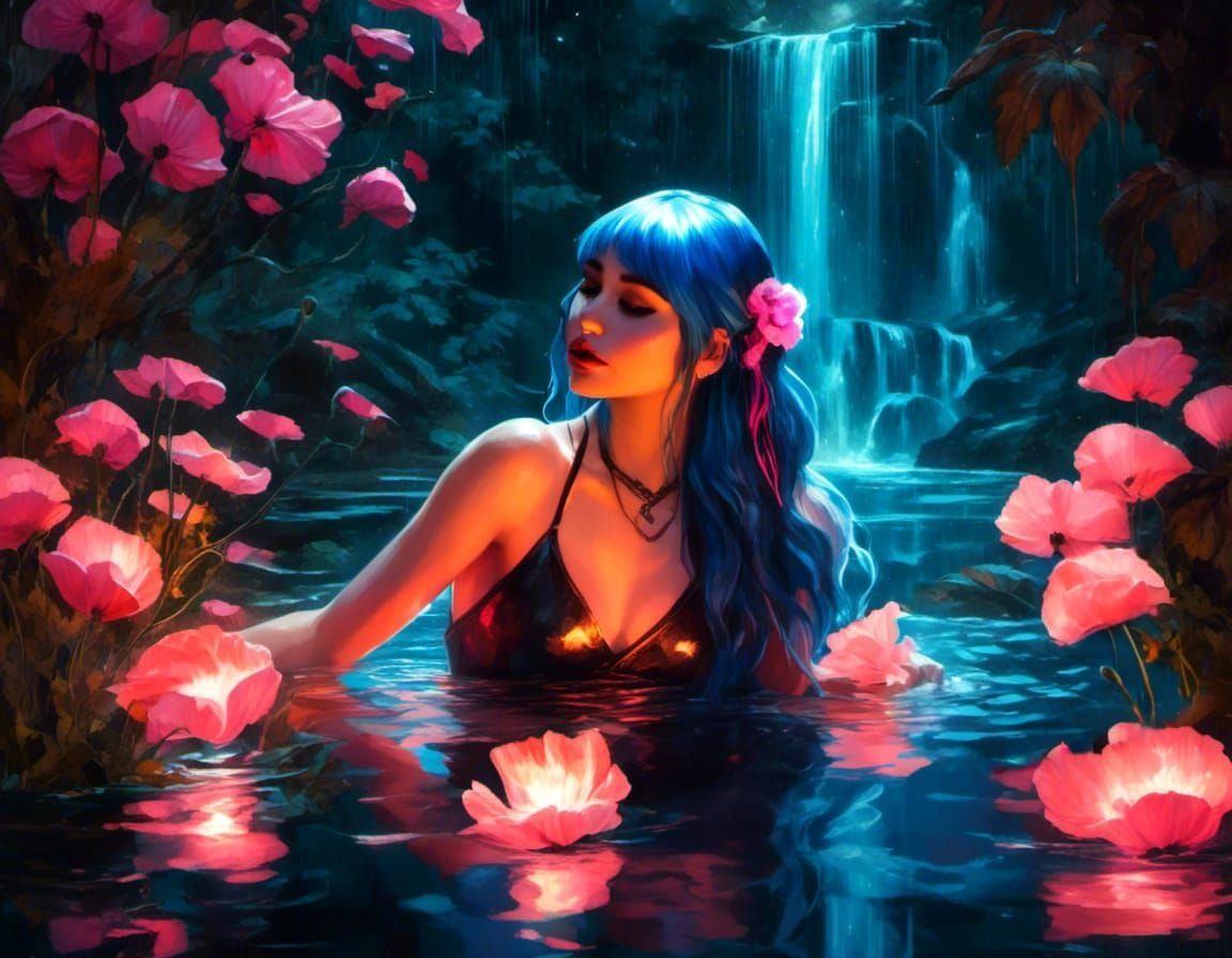 Blue-Haired Girl Bathing in Forest Glade