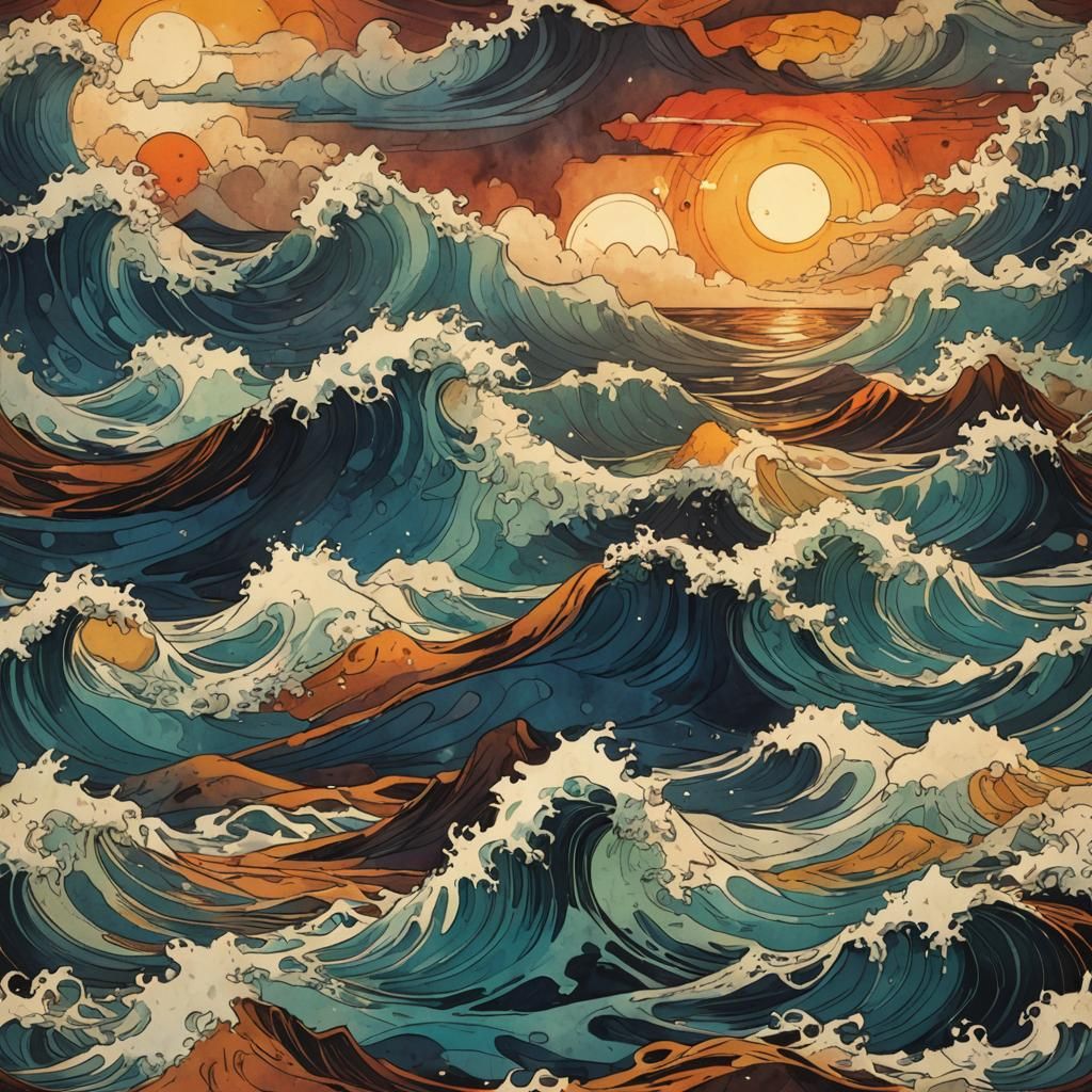 Waves at Sunset in Ink Painting Style