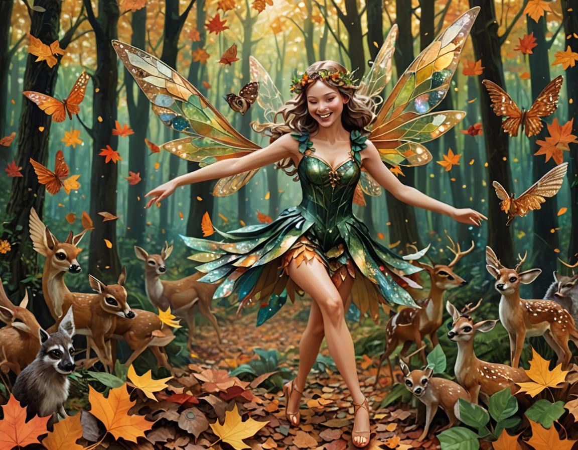 Smiling Elf Fairy in Autumn Forest Collage Art