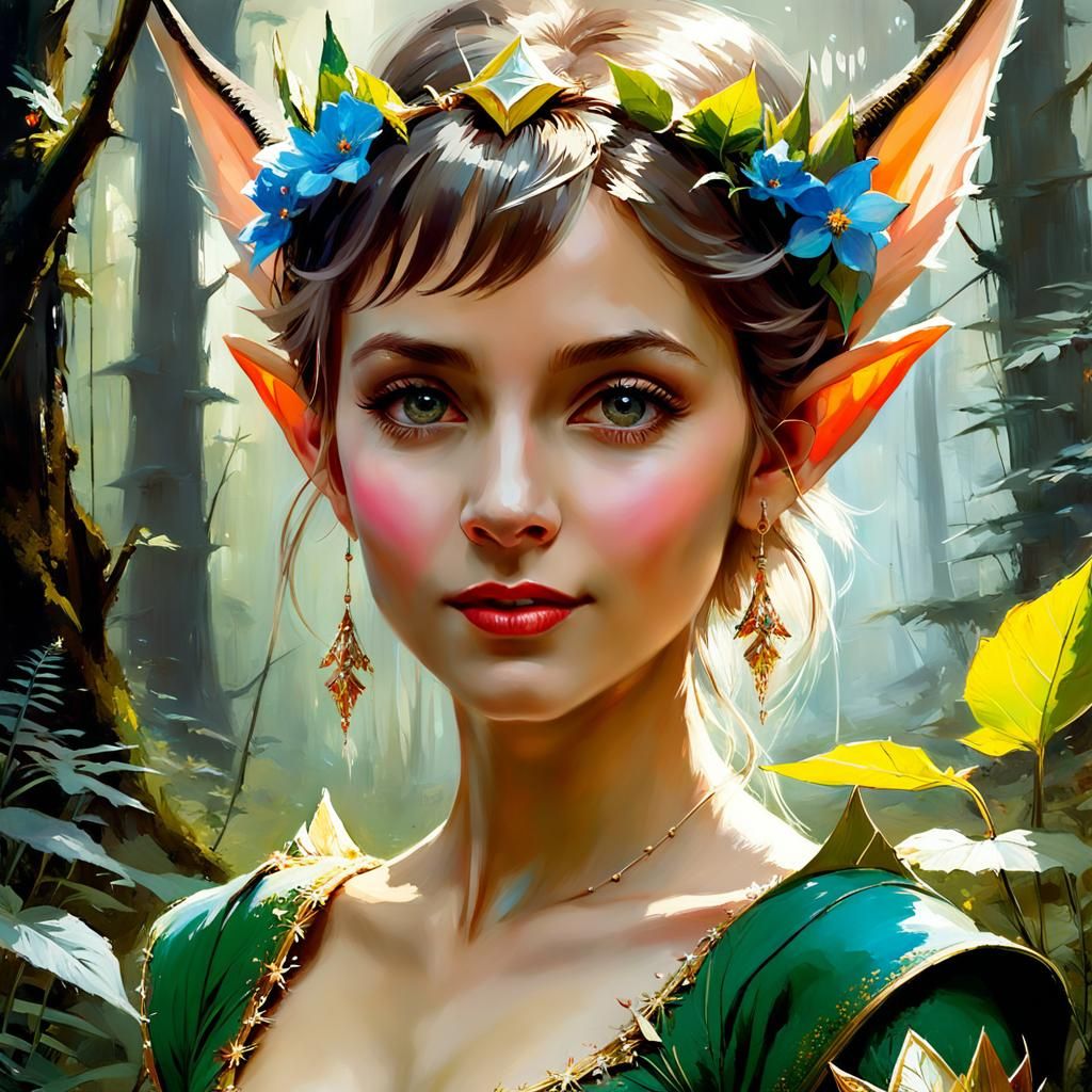 Elf Princess Portrait in Forest, Oil on Canvas