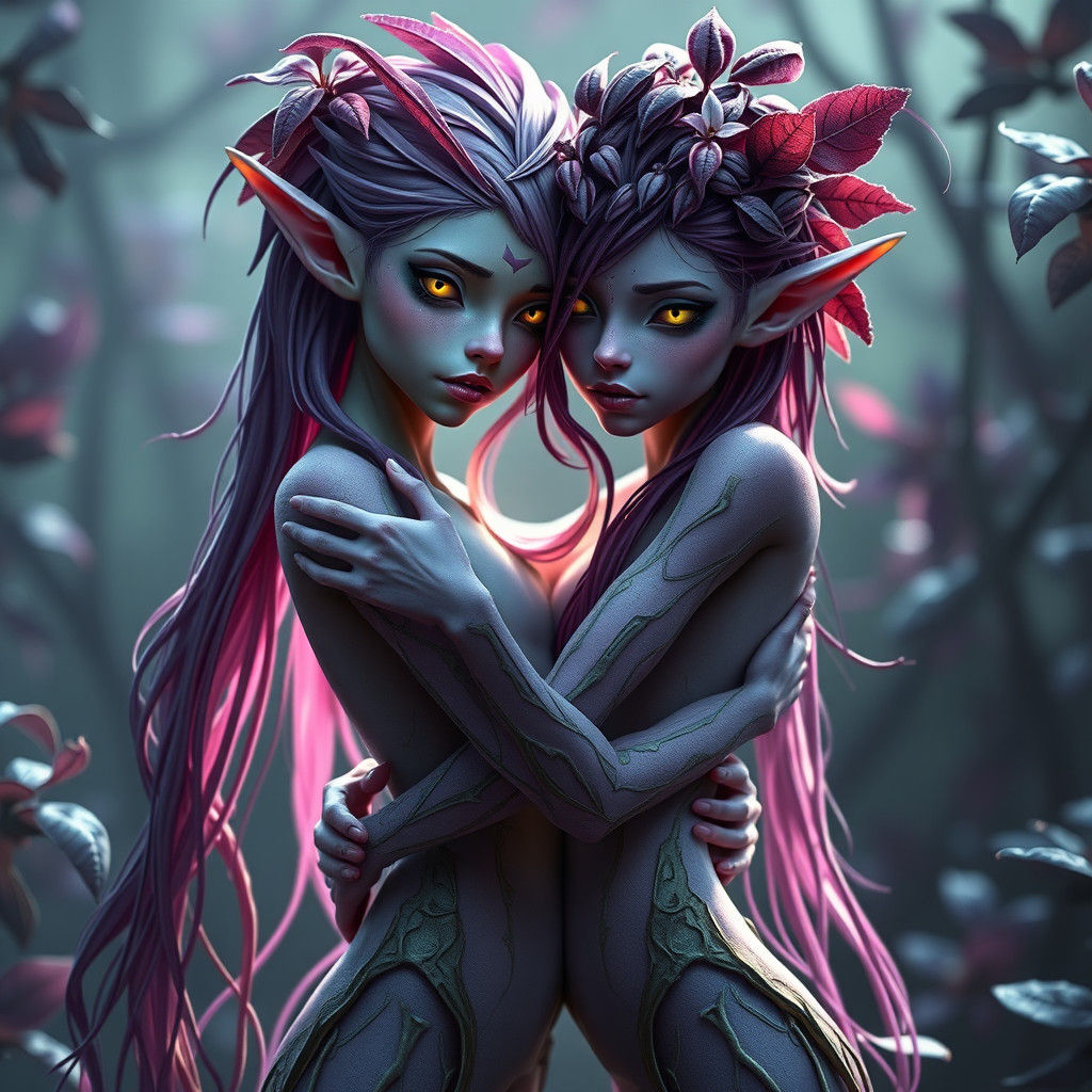 Plant Elf Girls Embrace: Dark Fantasy Art