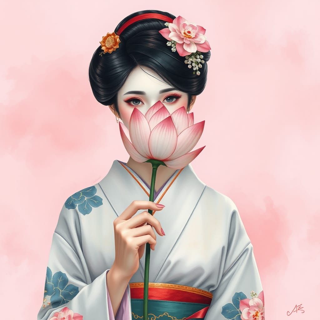 Ethereal Geisha with Lotus in Watercolour Style
