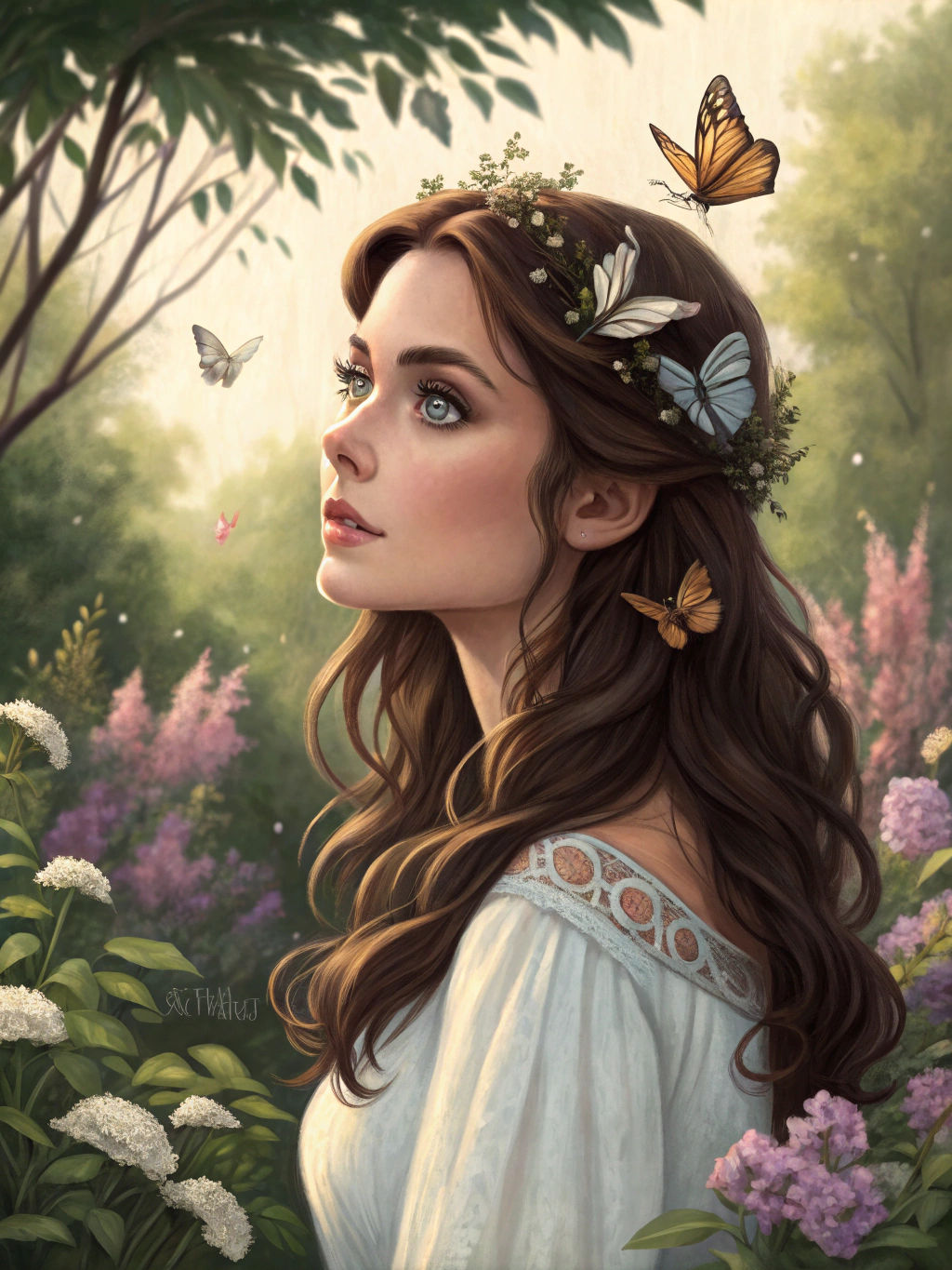 Brunette Woman Portrait with Butterflies