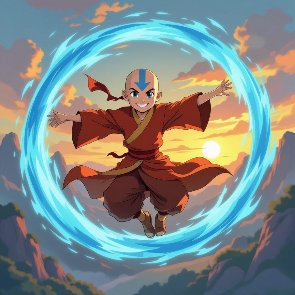 Aang Airbending in Golden Hour Anime Style